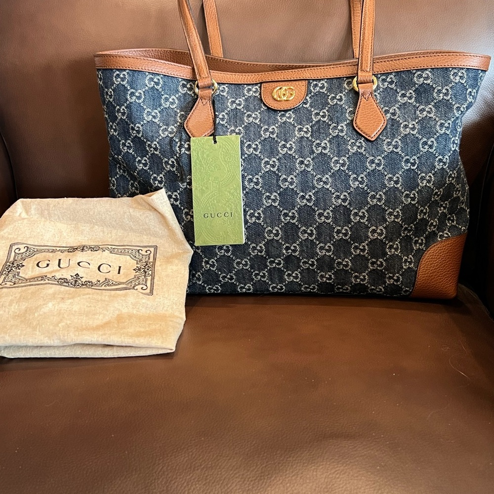 Gucci Signature Blue and Tan Tote Bag